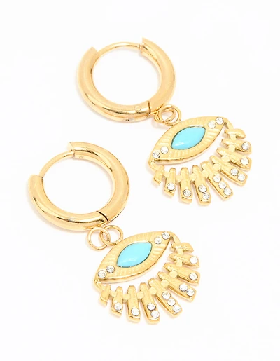 Waterproof Gold Plated Stainless Steel Fan Evil Eye Drop Earrings