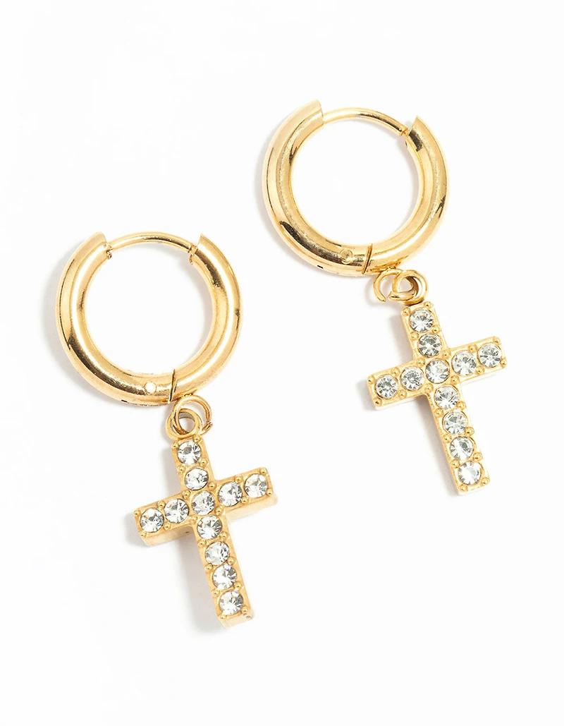 Waterproof Gold Plated Stainless Steel Diamante Cross Huggie Earrings
