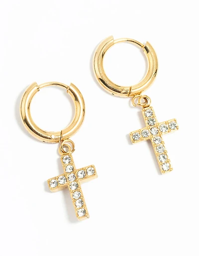 Waterproof Gold Plated Stainless Steel Diamante Cross Huggie Earrings