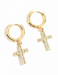 Waterproof Gold Plated Stainless Steel Diamante Cross Huggie Earrings