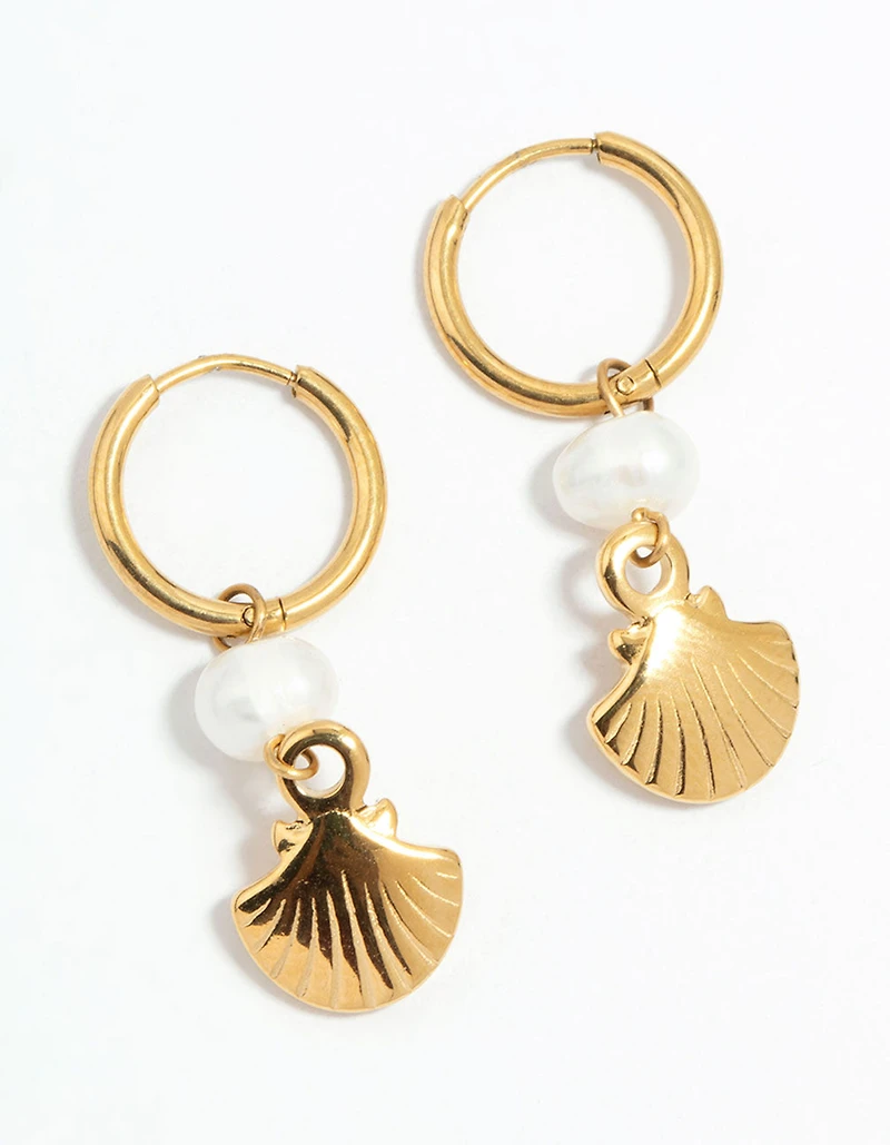 Waterproof Gold Plated Stainless Steel Pearl Shell Drop Huggie Earrings