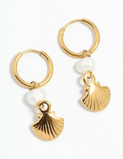 Waterproof Gold Plated Stainless Steel Pearl Shell Drop Huggie Earrings