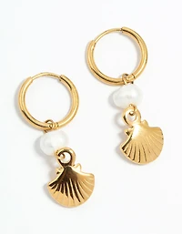Waterproof Gold Plated Stainless Steel Pearl Shell Drop Huggie Earrings