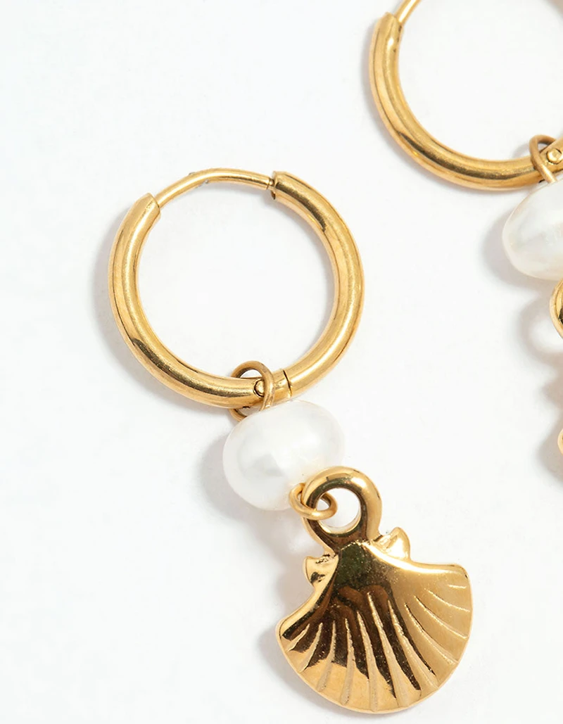 Waterproof Gold Plated Stainless Steel Pearl Shell Drop Huggie Earrings