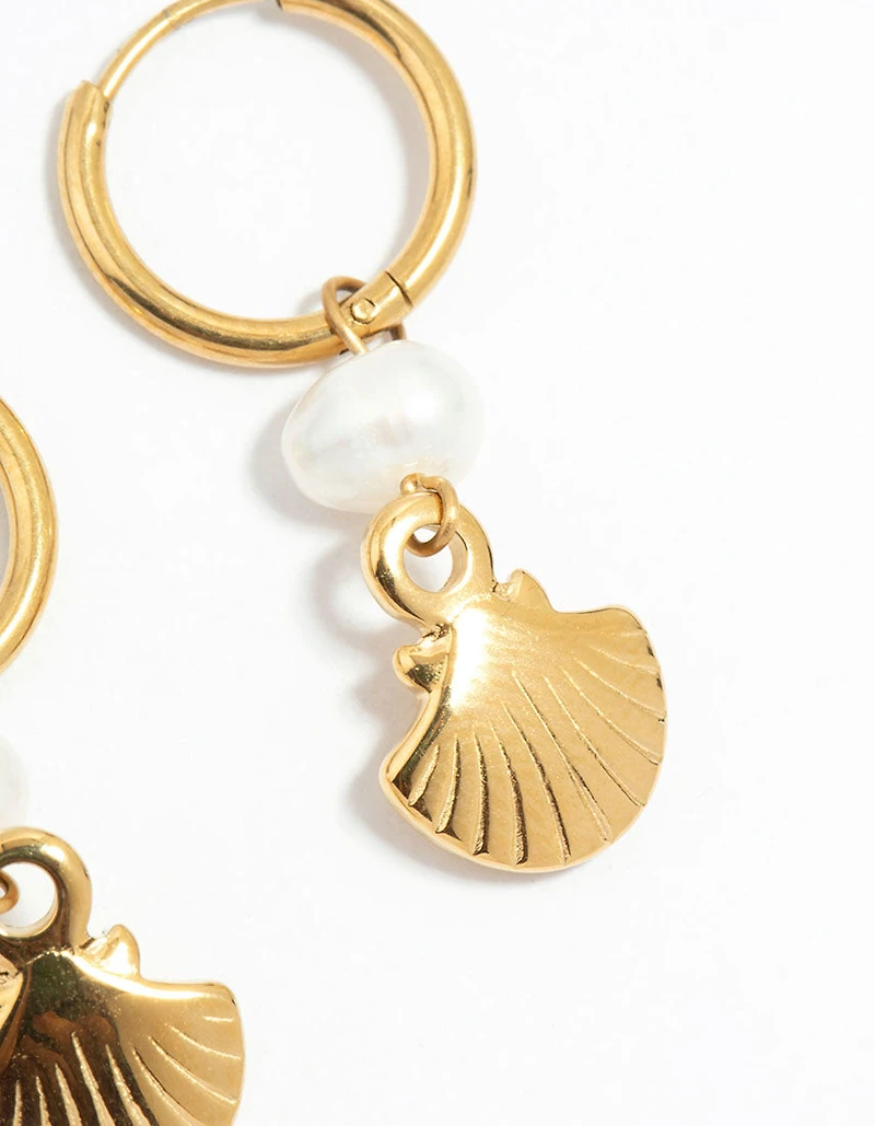 Waterproof Gold Plated Stainless Steel Pearl Shell Drop Huggie Earrings