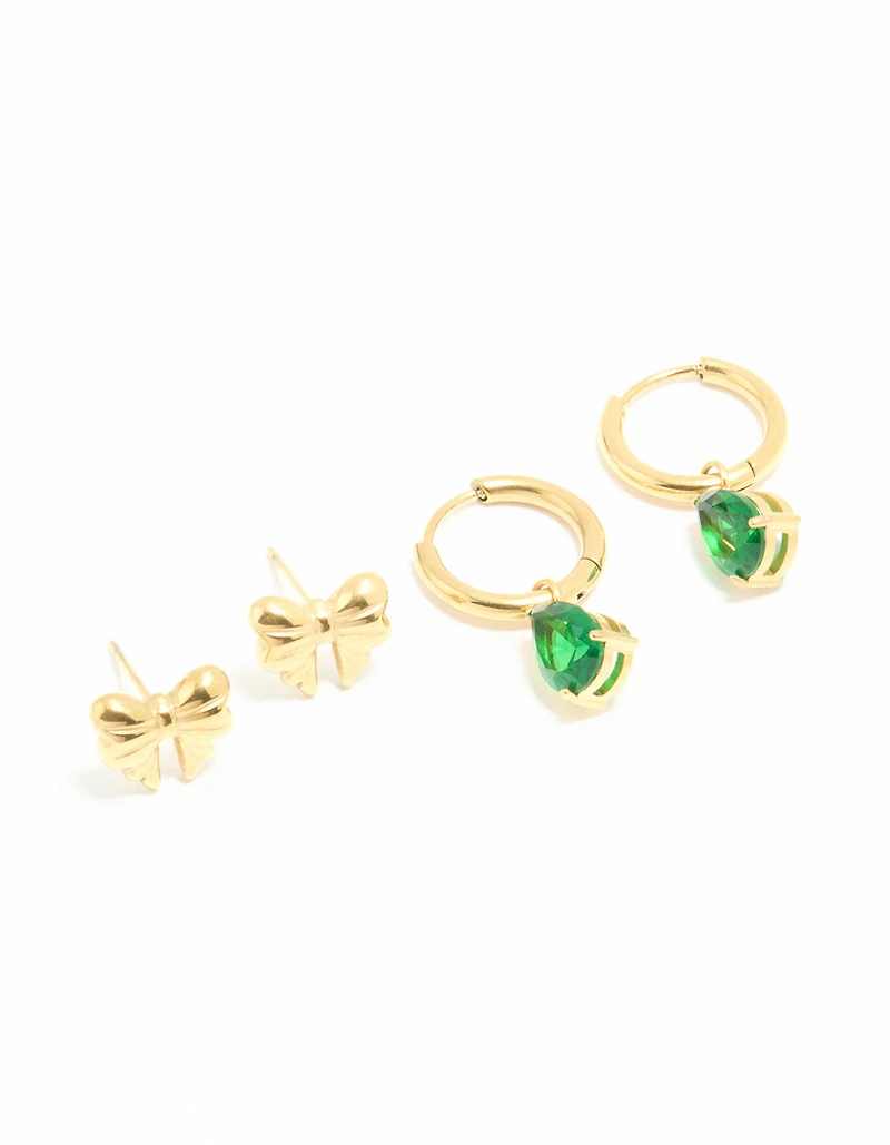 Waterproof Gold Plated Stainless Steel Cubic Zirconia Huggie & Bow Stud Earrings 2-Pack