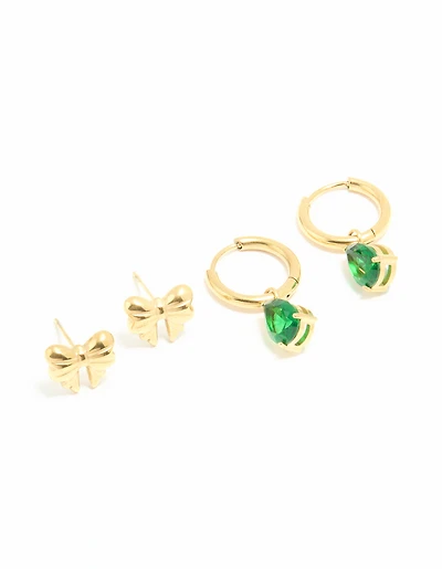 Waterproof Gold Plated Stainless Steel Cubic Zirconia Huggie & Bow Stud Earrings 2-Pack
