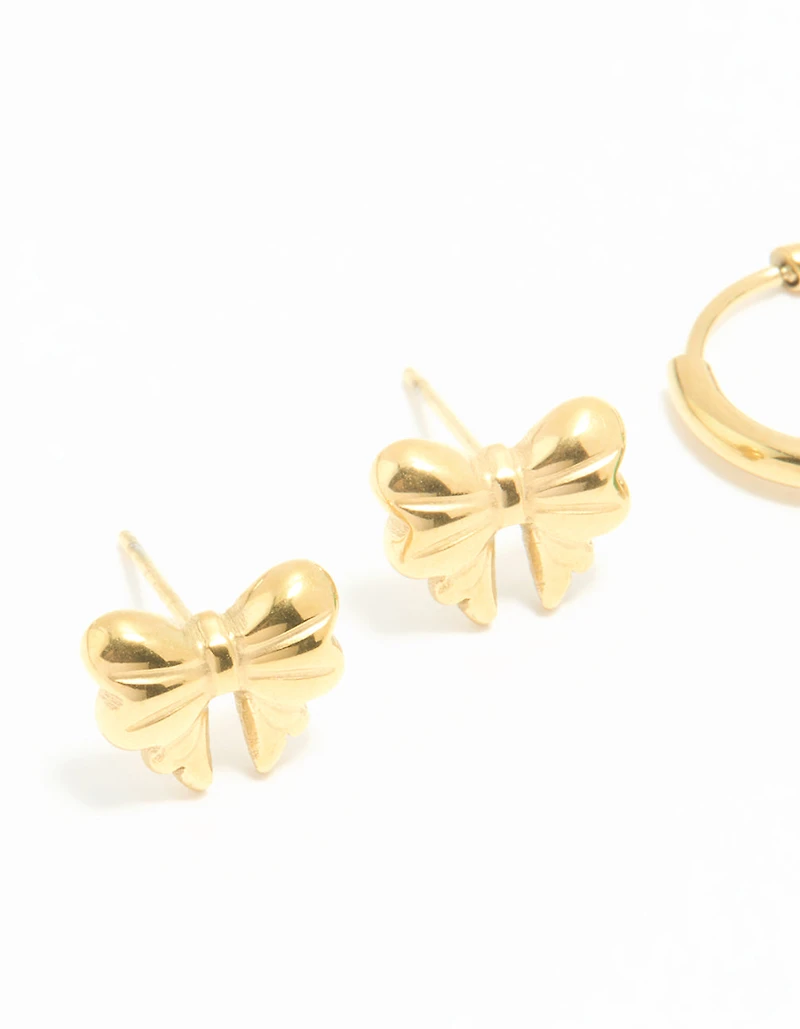 Waterproof Gold Plated Stainless Steel Cubic Zirconia Huggie & Bow Stud Earrings 2-Pack