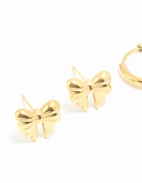 Waterproof Gold Plated Stainless Steel Cubic Zirconia Huggie & Bow Stud Earrings 2-Pack