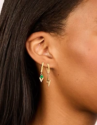 Waterproof Gold Plated Stainless Steel Cubic Zirconia & Lightning Bolt Huggie Earrings 2-Pack