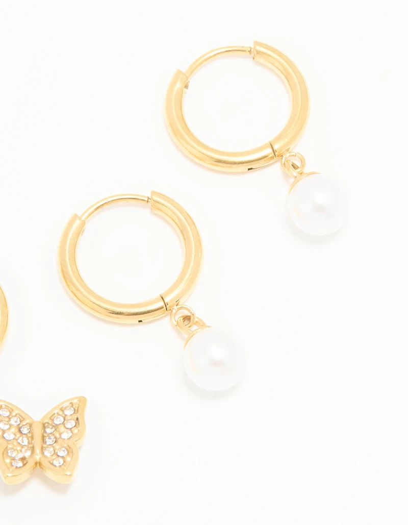 Waterproof Gold Plated Stainless Steel Diamante & Freshwater Pearl Butterfly Huggie Earrings 2-Pack