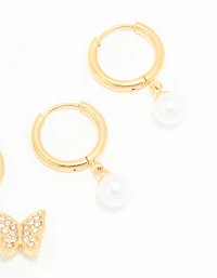 Waterproof Gold Plated Stainless Steel Diamante & Freshwater Pearl Butterfly Huggie Earrings 2-Pack