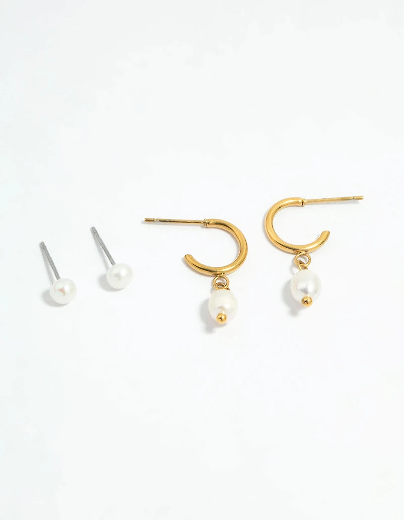 Waterproof Gold Plated Stainless Steel Pearl Dainty Earrings 2-Pack