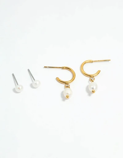 Waterproof Gold Plated Stainless Steel Pearl Dainty Earrings 2-Pack
