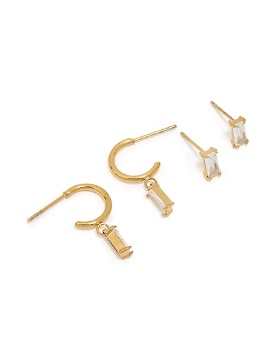 Waterproof Gold Plated Stainless Steel Cubic Zirconia Rectangle Stud & Hoop Earrings 2-Pack