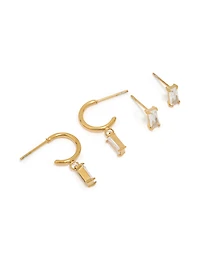 Waterproof Gold Plated Stainless Steel Cubic Zirconia Rectangle Stud & Hoop Earrings 2-Pack