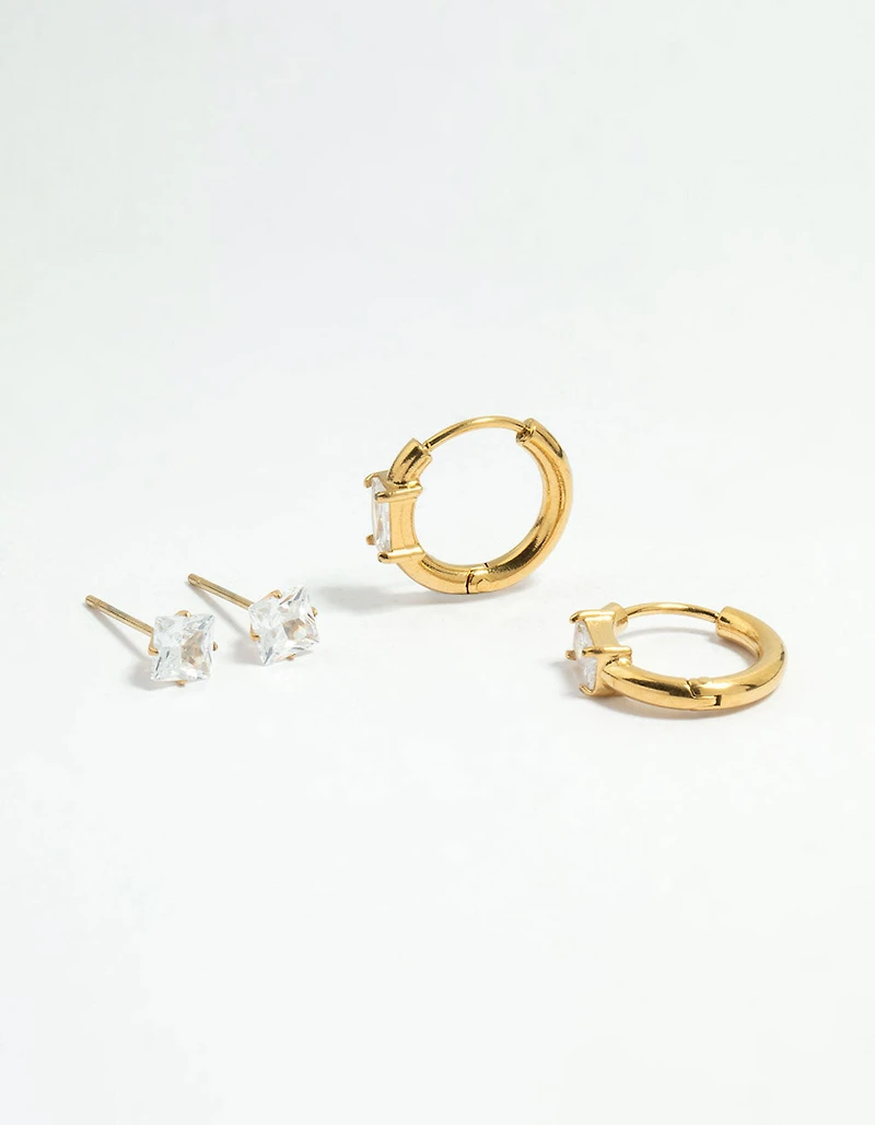 Waterproof Gold Plated Stainless Steel Cubic Zirconia Stud & Huggie Earrings 2-Pack