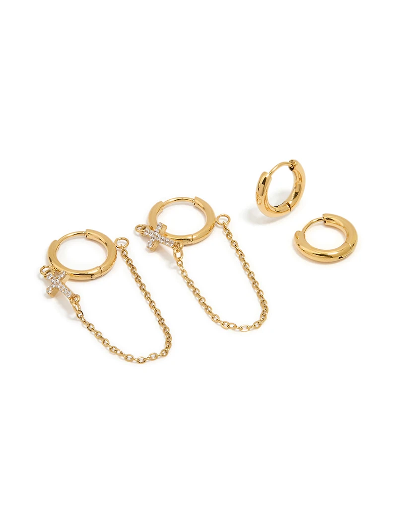 Waterproof Gold Plated Stainless Steel Cubic Zirconia Chain Huggie Earrings 2-Pack