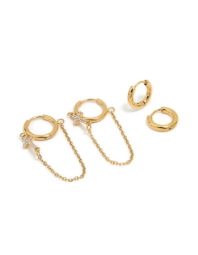 Waterproof Gold Plated Stainless Steel Cubic Zirconia Chain Huggie Earrings 2-Pack
