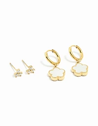Waterproof Gold Plated Stainless Steel Cubic Zirconia Petal Earrings 2-Pack