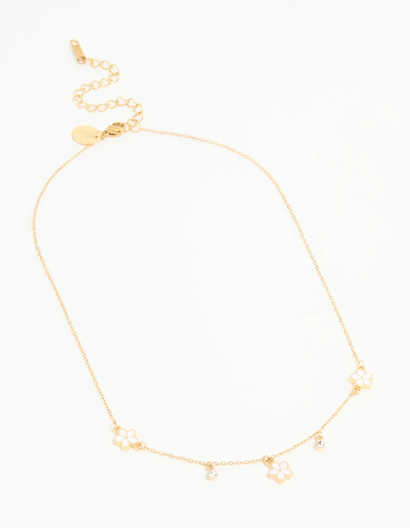 Waterproof Gold Plated Stainless Steel Cubic Zirconia Heart Floral Pendant Necklace