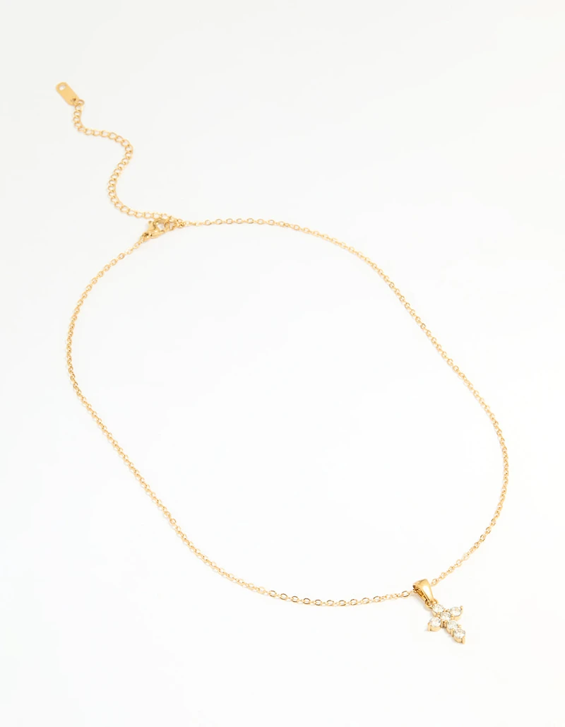 Waterproof Gold Plated Stainless Steel Cubic Zirconia Cross Pendant Necklace