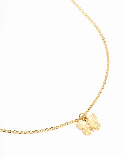 Waterproof Gold Plated Stainless Steel Textured Butterfly Necklace