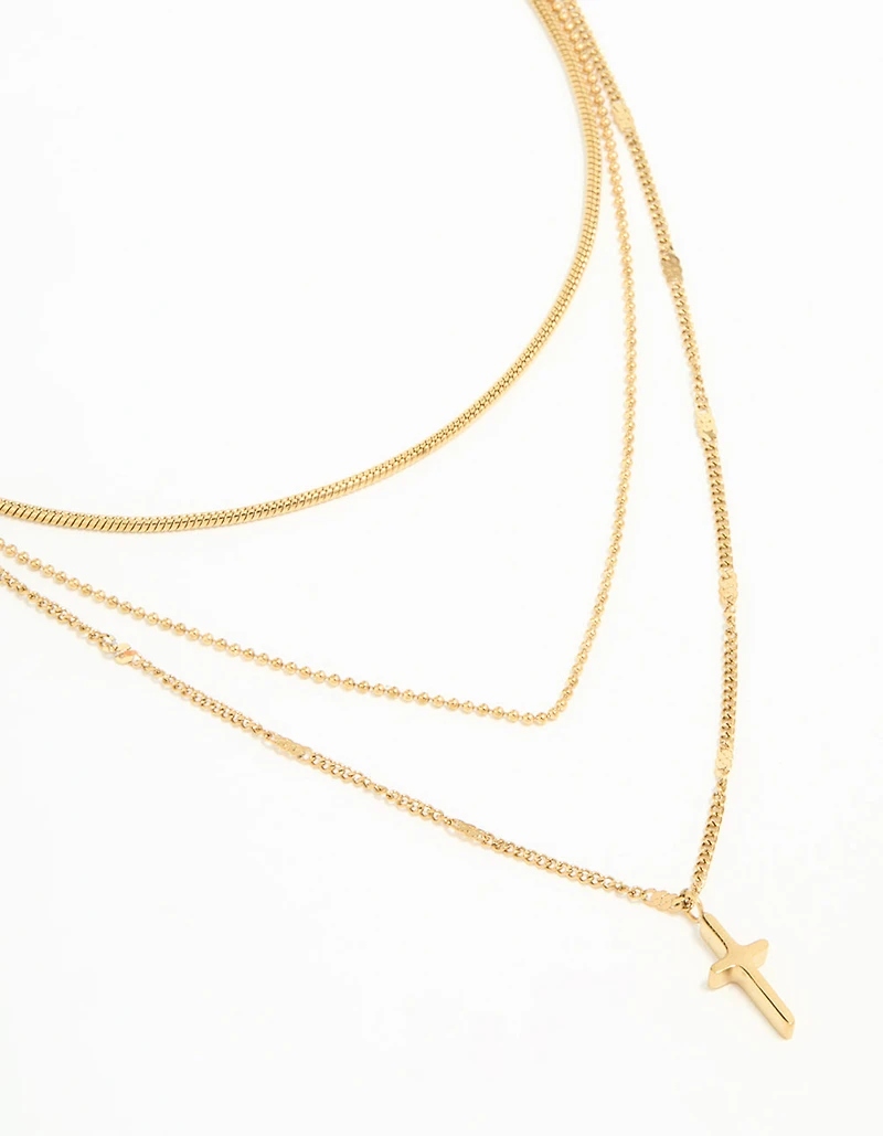 Waterproof Gold Plated Stainless Steel Cross Layered Necklace