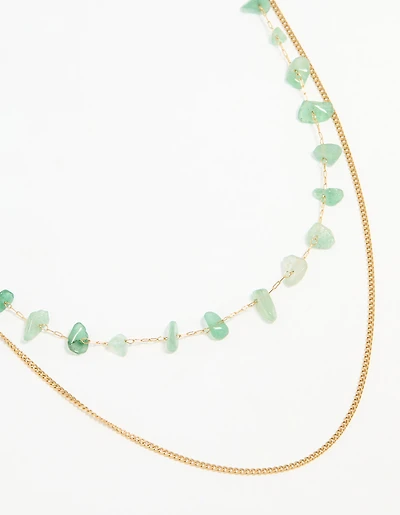 Waterproof Gold Plated Stainless Steel Green Stone Layered Necklace