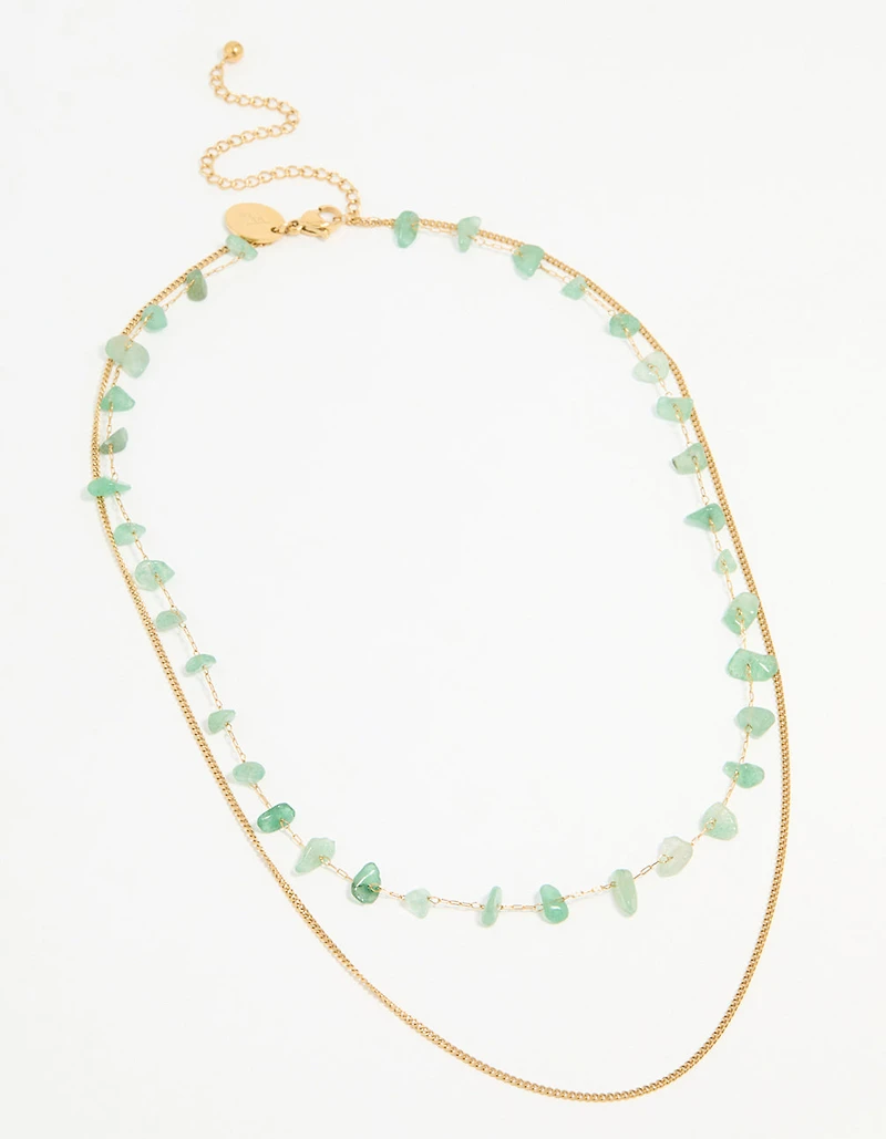 Waterproof Gold Plated Stainless Steel Green Stone Layered Necklace
