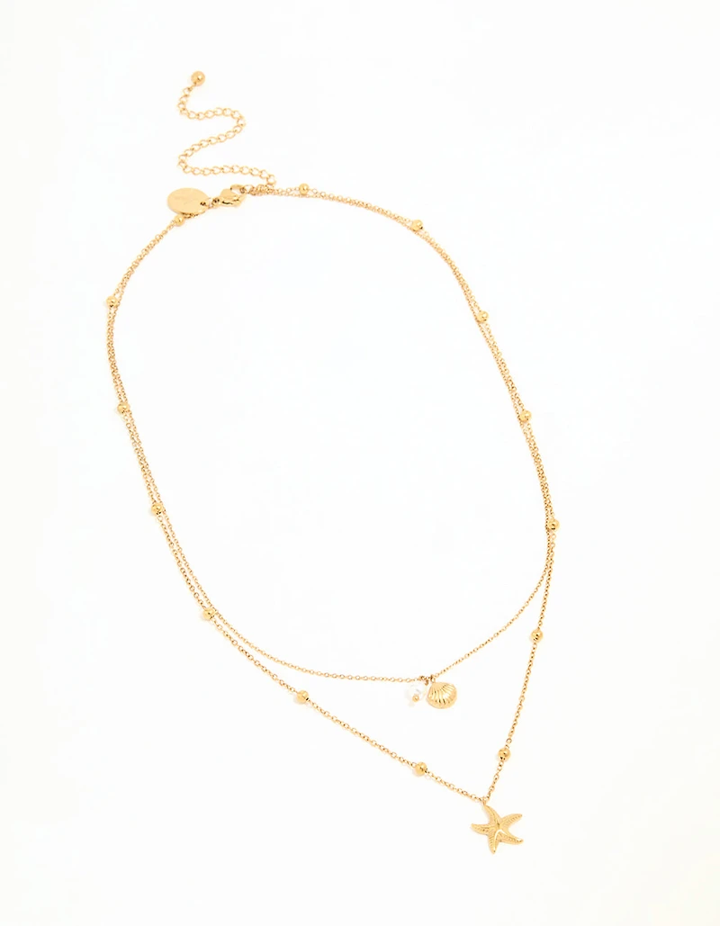 Waterproof Gold Plated Stainless Steel Star & Shell Layered Necklace