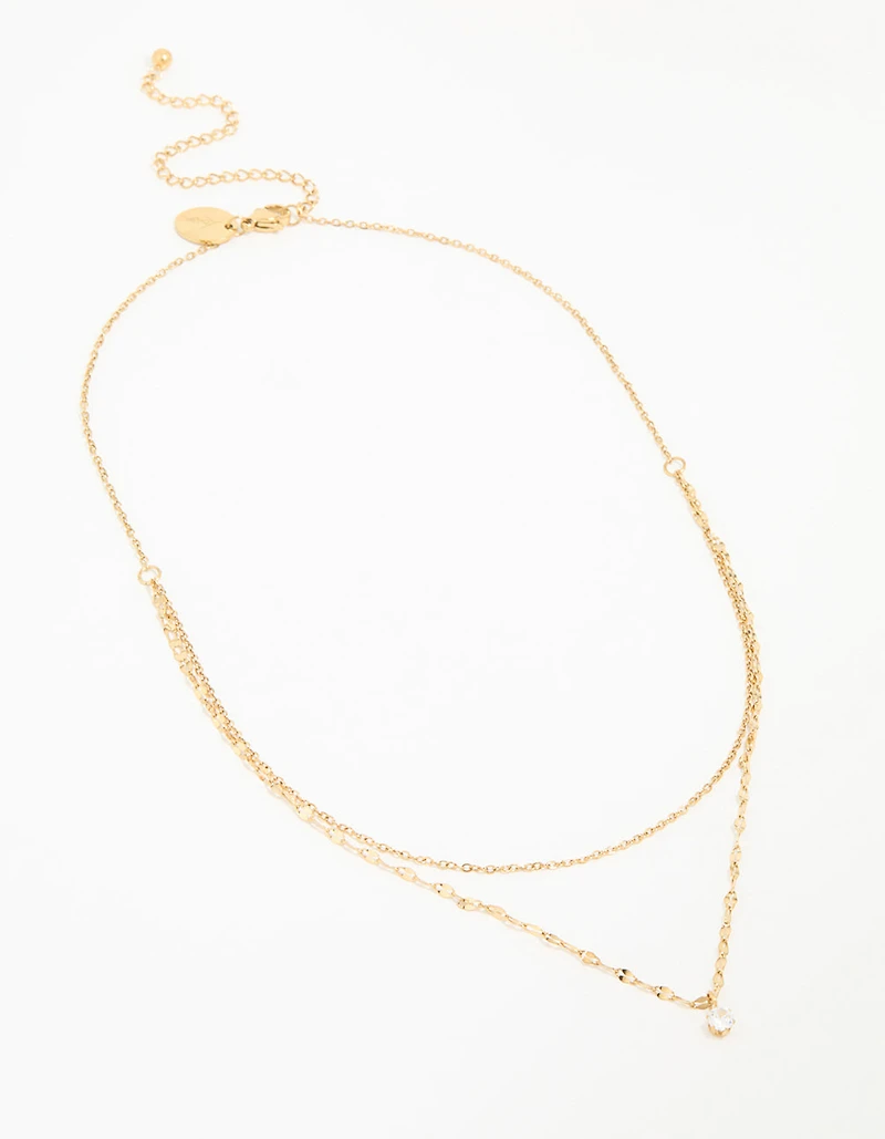 Waterproof Gold Plated Stainless Steel Cubic Zirconia Dainty Layered Necklace