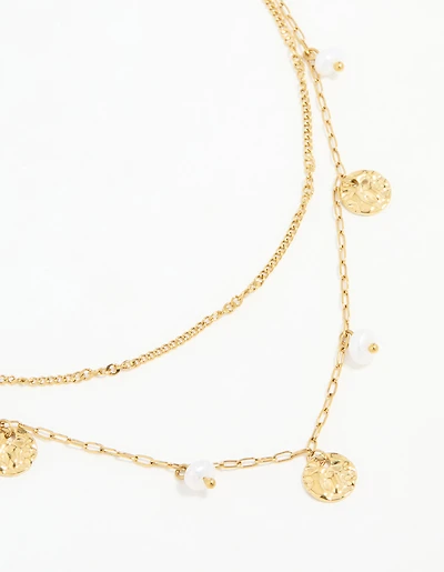 Waterproof Gold Plated Stainless Steel Pearl & Coin Layered Necklace