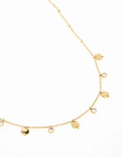 Waterproof Gold Plated Stainless Steel Cubic Zirconia Clover Pendant Necklace