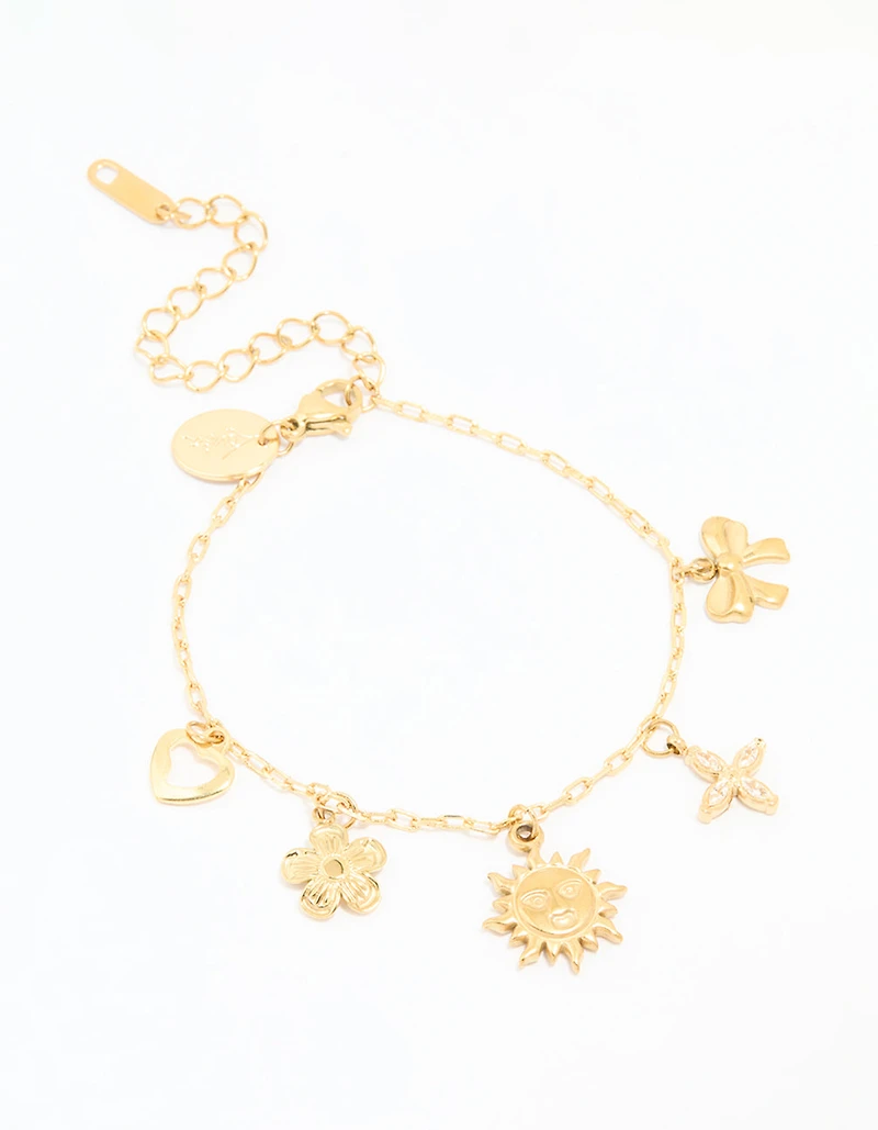 Waterproof Gold Plated Stainless Steel Flower & Sun Charm Bracelet