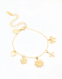 Waterproof Gold Plated Stainless Steel Flower & Sun Charm Bracelet