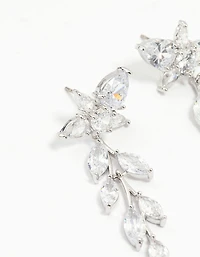 Silver Cubic Zirconia Leaf Flower Drop Earrings