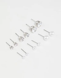 Silver Pearl & Cubic Zirconia Stud Earrings 6-Pack