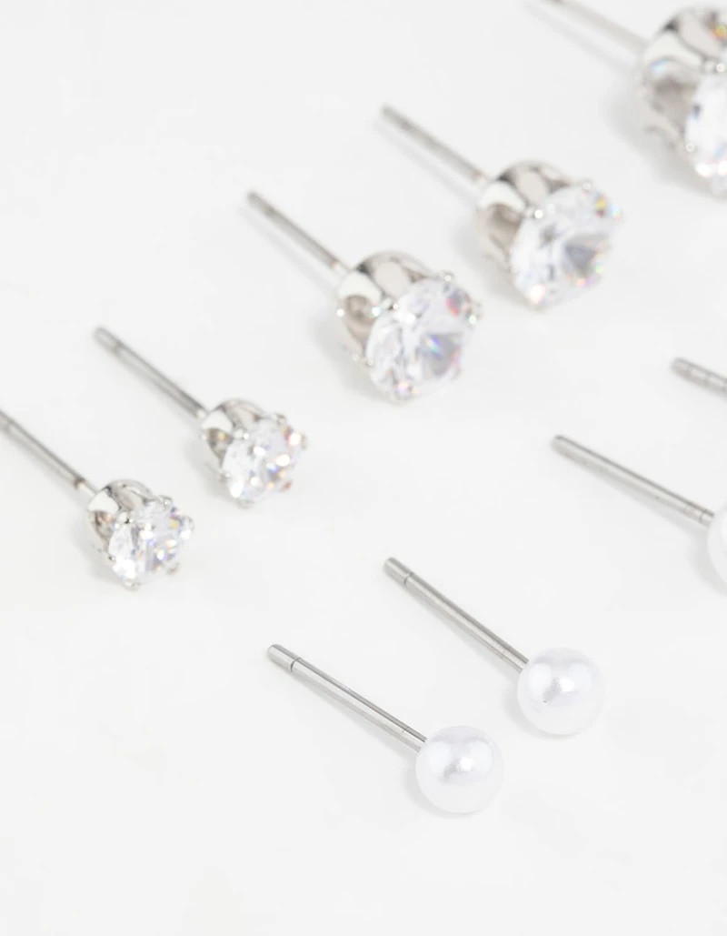 Silver Pearl & Cubic Zirconia Stud Earrings pack de 6
