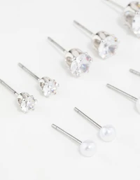 Silver Pearl & Cubic Zirconia Stud Earrings pack de 6