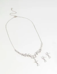 Silver Cubic Zirconia Flower Drop Earrings & Necklace Set
