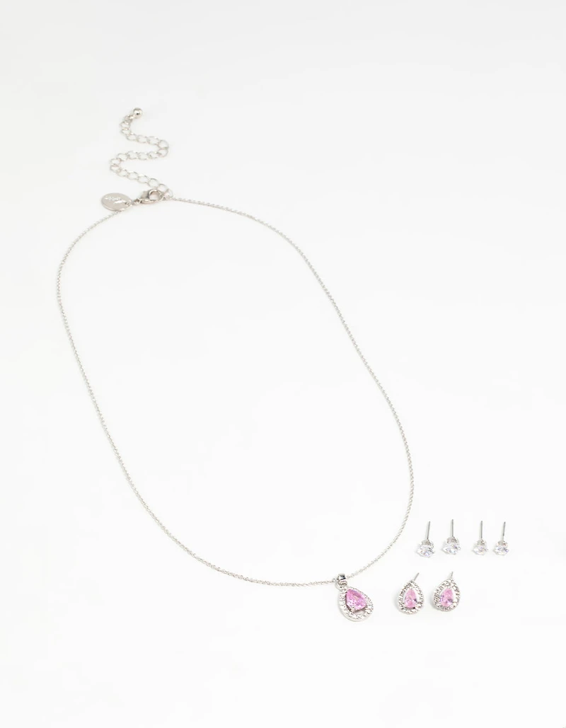 Silver Pink Cubic Zirconia Drop Necklace & Stud Earrings Set