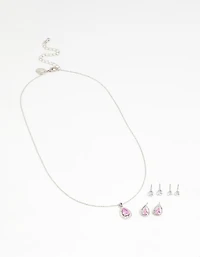 Silver Pink Cubic Zirconia Drop Necklace & Stud Earrings Set