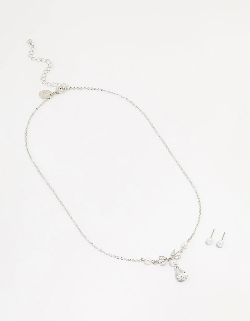 Silver Pearl Cubic Zirconia Drop Necklace & Earrings Set