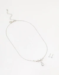 Silver Pearl Cubic Zirconia Drop Necklace & Earrings Set