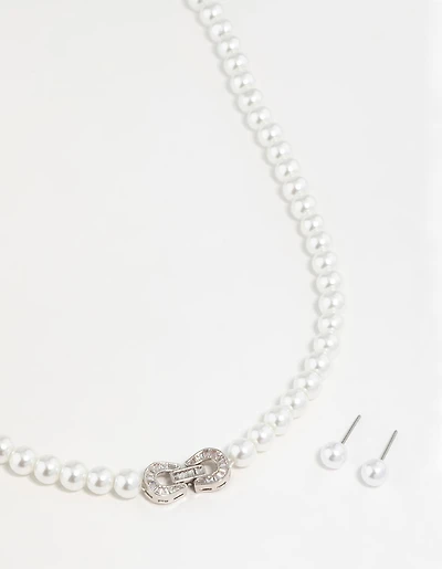 Silver Pearl Double Hoop Necklace & Earrings Set