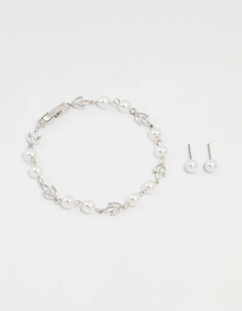 Silver Cubic Zirconia Pearl Leaf Bracelet & Earrings Set