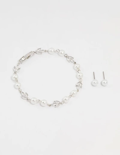 Silver Cubic Zirconia Pearl Leaf Bracelet & Earrings Set