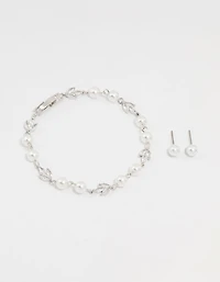Silver Cubic Zirconia Pearl Leaf Bracelet & Earrings Set