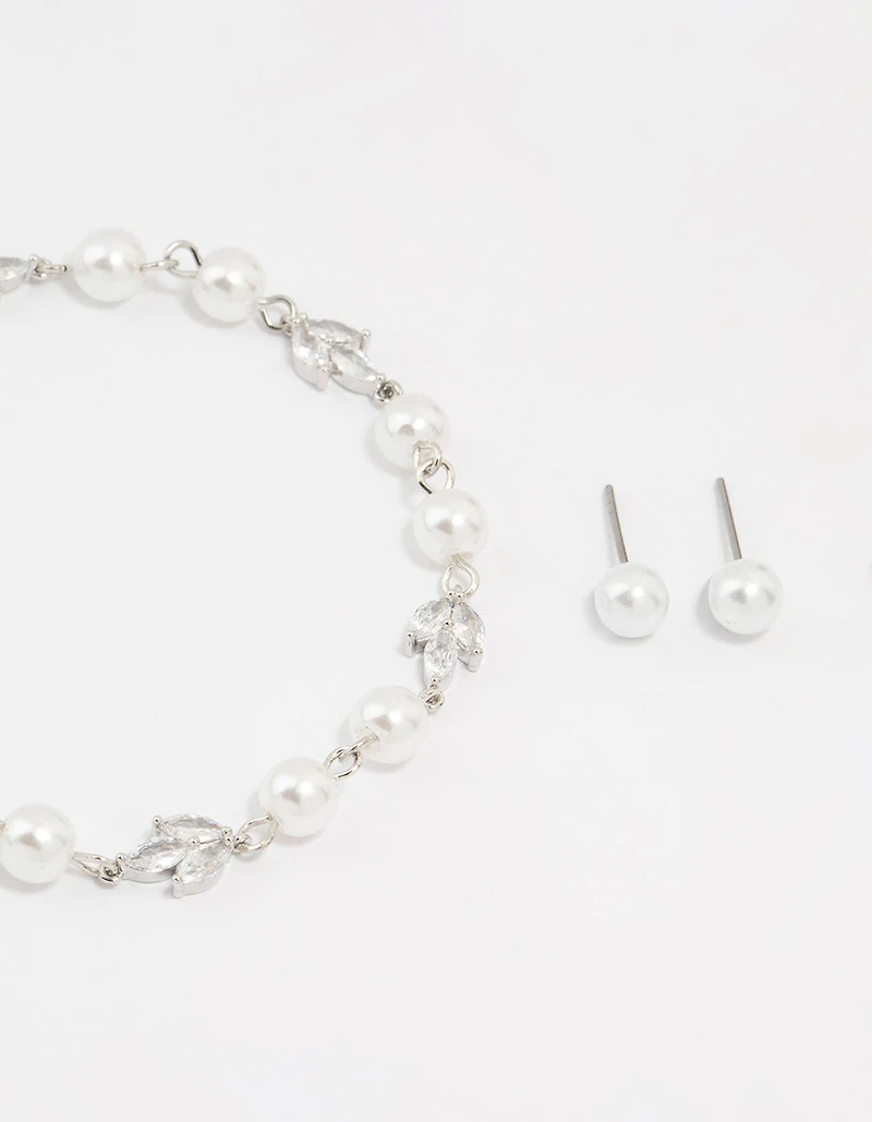 Silver Cubic Zirconia Pearl Leaf Bracelet & Earrings Set